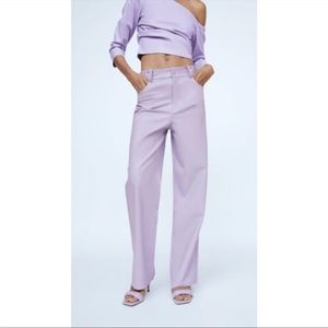 Zara Pleather faux leather lavender wide leg pants XS